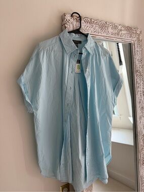 Primark Light Blue Short Sleeve Button-Down Long Shirt